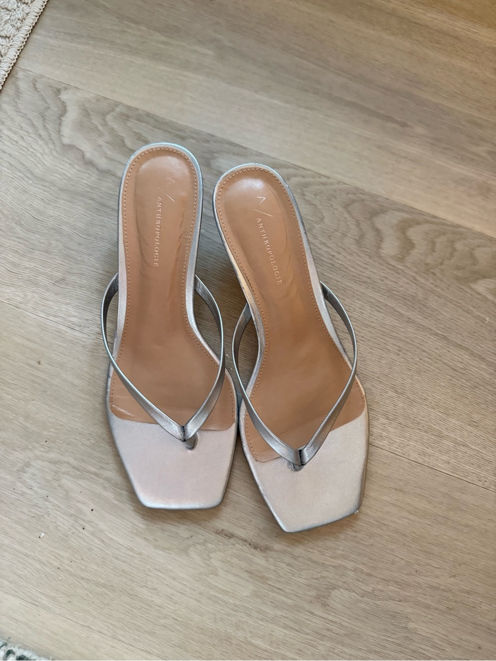 Anthropologie Silver Thong Kitten Heels